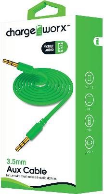 Chargeworx CX4616GN Auxiliar Audio Cable, Green For use with most mobile and audio devices, 3.5mm plug-to-3.5mm plug, High-quality audio, Universal for all 3.5mm devices, Gold-plated connectors, Durable tangle free design, 3.3ft / 1m cord length (CX-4616GN CX 4616GN CX4616G CX4616)