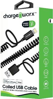 Chargeworx CX4701BK Lightning USB Sync & Charge Coiled Cable, Black For use with all Micro USB powered smartphones and tablets, 3.0 ft cord length, UPC 643620470107 (CX-4701BK CX 4701BK CX4701B CX4701)