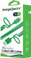 Chargeworx CX4701GN Lightning USB Sync & Charge Coiled Cable, Green For use with all Micro USB powered smartphones and tablets, 3.0 ft cord length, UPC 643620470138 (CX-4701GN CX 4701GN CX4701G CX4701) 