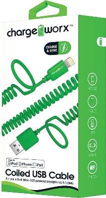 Chargeworx CX4701GN Lightning USB Sync & Charge Coiled Cable, Green For use with all Micro USB powered smartphones and tablets, 3.0 ft cord length, UPC 643620470138 (CX-4701GN CX 4701GN CX4701G CX4701)