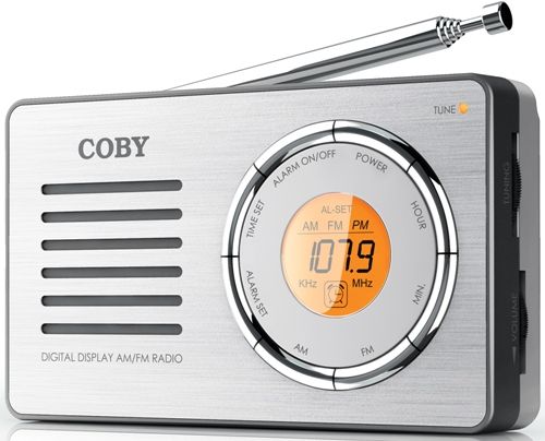 Coby CX50 Compact AM/FM Radio with Digital Display, Sensitive AM/FM tuner, Digital LCD display, Integrated full-range speaker, High-performance telescopic antenna, Clock/alarm function, Convenient hand strap, 3.5mm headphone jack, Requires 2 x 