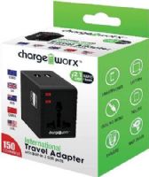 Chargeworx CX5004BK International Travel Adaptor with Built-in 2 USB Ports, Black; Built in surge protector; LED power indicator; Compact design; Compatible with a variety of electronic devices; Power Rating 10A/250VAC ~ 15A/125VAC; Type: North America, Europe, UK, Australia & China; UPC 643620050002 (CX-5004BK CX 5004BK CX5004B CX5004) 