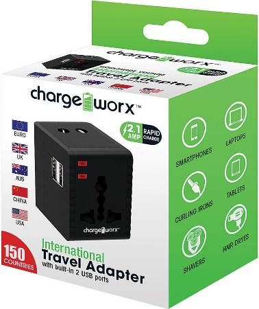 Chargeworx CX5004BK International Travel Adaptor with Built-in 2 USB Ports, Black; Built in surge protector; LED power indicator; Compact design; Compatible with a variety of electronic devices; Power Rating 10A/250VAC ~ 15A/125VAC; Type: North America, Europe, UK, Australia & China; UPC 643620050002 (CX-5004BK CX 5004BK CX5004B CX5004)