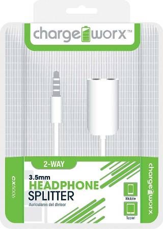 Chargeworx CX5006WH Retractable 2-Way Headphone Splitter, White, Connect up-to 2 headphones on one device, 3.5mm audio jack, Extends up to 3ft / 1m, Secure fit connectors, UPC 643620500632 (CX-5006WH CX 5006WH CX5006W CX5006)