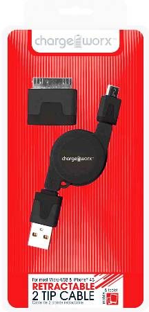 Chargeworx CX5500BK Retractable Micro USB Sync & Charge Cable with 30-Pin Tip, Black; Fits with iPhone 4/4S, iPad, iPod & most Micro-USB devices; Stylish, durable, innovative design; Charge from any USB port; Tangle Free design; 3.3ft/1m cord length; UPC 643620001325 (CX-5500BK CX 5500BK CX5500B CX5500)