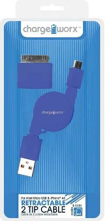 Chargeworx CX5500BL Retractable Micro USB Sync & Charge Cable with 30-Pin Tip, Blue; Fits with iPhone 4/4S, iPad, iPod & most Micro-USB devices; Stylish, durable, innovative design; Charge from any USB port; Tangle Free design; 3.3ft/1m cord length; UPC 643620001363 (CX-5500BL CX 5500BL CX5500B CX5500)