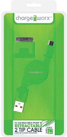 Chargeworx CX5500GN Retractable Micro USB Sync & Charge Cable with 30-Pin Tip, Green; Fits with iPhone 4/4S, iPad, iPod & most Micro-USB devices; Stylish, durable, innovative design; Charge from any USB port; Tangle Free design; 3.3ft/1m cord length; UPC 643620001370 (CX-5500GN CX 5500GN CX5500G CX5500)