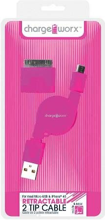 Chargeworx CX5500PK Retractable Micro USB Sync & Charge Cable with 30-Pin Tip, Pink; Fits with iPhone 4/4S, iPad, iPod & most Micro-USB devices; Stylish, durable, innovative design; Charge from any USB port; Tangle Free design; 3.3ft/1m cord length; UPC 643620001356 (CX-5500PK CX 5500PK CX5500P CX5500)
