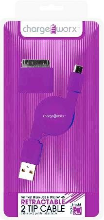Chargeworx CX5500VT Retractable Micro USB Sync & Charge Cable with 30-Pin Tip, Purple; Fits with iPhone 4/4S, iPad, iPod & most Micro-USB devices; Stylish, durable, innovative design; Charge from any USB port; Tangle Free design; 3.3ft/1m cord length; UPC 643620001349 (CX-5500VT CX 5500VT CX5500V CX5500)