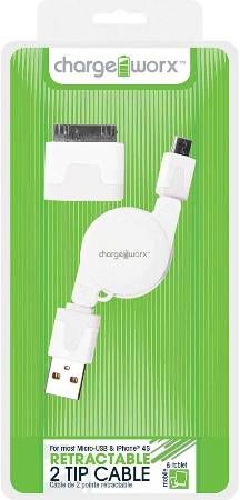 Chargeworx CX5500WH Retractable Micro USB Sync & Charge Cable with 30-Pin Tip, White; Fits with iPhone 4/4S, iPad, iPod & most Micro-USB devices; Stylish, durable, innovative design; Charge from any USB port; Tangle Free design; 3.3ft/1m cord length; UPC 643620001332 (CX-5500WH CX 5500WH CX5500W CX5500)