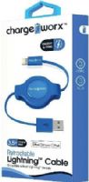 Chargeworx CX5501BL Retractable Lightning Sync & Charge Cable, Blue; For iPhone 6S, 6/6Plus, 5/5S/5C, iPad, iPad Mini and iPod; Tangle-Free innovative retractale design; Charge from any USB port; 3.5ft/1m cord length; UPC 643620001424 (CX-5501BL CX 5501BL CX5501B CX5501) 