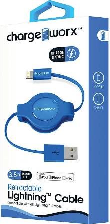 Chargeworx CX5501BL Retractable Lightning Sync & Charge Cable, Blue; For iPhone 6S, 6/6Plus, 5/5S/5C, iPad, iPad Mini and iPod; Tangle-Free innovative retractale design; Charge from any USB port; 3.5ft/1m cord length; UPC 643620001424 (CX-5501BL CX 5501BL CX5501B CX5501)