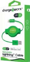 Chargeworx CX5501GN Retractable Lightning Sync & Charge Cable, Green; For iPhone 6S, 6/6Plus, 5/5S/5C, iPad, iPad Mini and iPod; Tangle-Free innovative retractale design; Charge from any USB port; 3.5ft/1m cord length; UPC 643620001431 (CX-5501GN CX 5501GN CX5501G CX5501) 