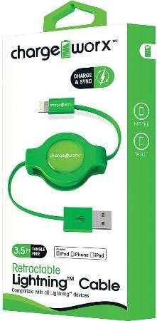 Chargeworx CX5501GN Retractable Lightning Sync & Charge Cable, Green; For iPhone 6S, 6/6Plus, 5/5S/5C, iPad, iPad Mini and iPod; Tangle-Free innovative retractale design; Charge from any USB port; 3.5ft/1m cord length; UPC 643620001431 (CX-5501GN CX 5501GN CX5501G CX5501)