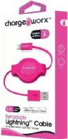 Chargeworx CX5501PK Retractable Lightning Sync & Charge Cable, Pink; For iPhone 6S, 6/6Plus, 5/5S/5C, iPad, iPad Mini and iPod; Tangle-Free innovative retractale design; Charge from any USB port; 3.5ft/1m cord length; UPC 643620001417 (CX-5501PK CX 5501PK CX5501P CX5501) 