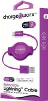 Chargeworx CX5501VT Retractable Lightning Sync & Charge Cable, Violet; For iPhone 6S, 6/6Plus, 5/5S/5C, iPad, iPad Mini and iPod; Tangle-Free innovative retractale design; Charge from any USB port; 3.5ft/1m cord length; UPC 643620001400 (CX-5501VT CX 5501VT CX5501V CX5501) 
