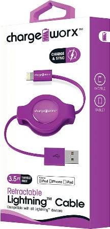 Chargeworx CX5501VT Retractable Lightning Sync & Charge Cable, Violet; For iPhone 6S, 6/6Plus, 5/5S/5C, iPad, iPad Mini and iPod; Tangle-Free innovative retractale design; Charge from any USB port; 3.5ft/1m cord length; UPC 643620001400 (CX-5501VT CX 5501VT CX5501V CX5501)