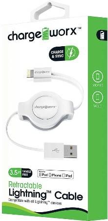 Chargeworx CX5501WH Retractable Lightning Sync & Charge Cable, White; For iPhone 6S, 6/6Plus, 5/5S/5C, iPad, iPad Mini and iPod; Tangle-Free innovative retractale design; Charge from any USB port; 3.5ft/1m cord length; UPC 643620001394 (CX-5501WH CX 5501WH CX5501W CX5501)