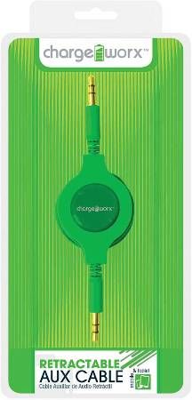 Chargeworx CX5503GN Retractable Auxiliary Audio Cable, Green, Retractable 3.5mm Audio Cable, Universal for all 3.5mm devices, 3.3ft / 1m Cord Length, Compact design, UPC 643620002414 (CX-5503GN CX 5503GN CX5503G CX5503)