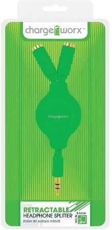 Chargeworx CX5504GN Retractable 2-Way Headphone Splitter, Green, Connect up-to 2 headphones on one device, 3.5mm audio jack, Extends up to 3ft / 1m, Secure fit connectors, UPC 643620002537 (CX-5504GN CX 5504GN CX5504G CX5504)