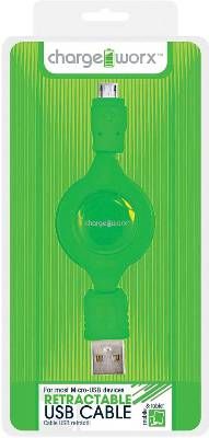 Chargeworx CX5506GN Retractable Micro USB Sync & Charge Cable, Green; Compatible with most Micro USB devices; Stylish, durable, innovative design; Charge from any USB port; Tangle Free design; 3.3ft / 1m cord length; UPC 643620550625 (CX-5506GN CX 5506GN CX5506G CX5506)