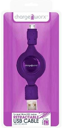 Chargeworx CX5506VT Retractable Micro USB Sync & Charge Cable, Purple; Compatible with most Micro USB devices; Stylish, durable, innovative design; Charge from any USB port; Tangle Free design; 3.3ft / 1m cord length; UPC 643620550649 (CX-5506VT CX 5506VT CX5506V CX5506)