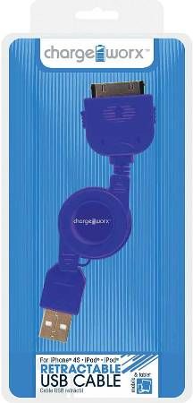 Chargeworx CX5507BL Retractable 30-Pin Sync & Charge Cable, Blue; For use with iPhone 4/4S, iPad and iPod; Stylish, durable, innovative design; Charge from any USB port; Tangle Free design; 3.3ft / 1m cord length; UPC 643620550717 (CX-5507BL CX 5507BL CX5507B CX5507)