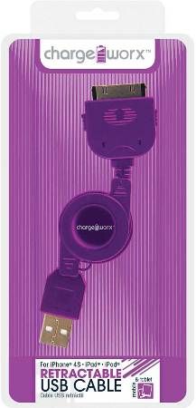Chargeworx CX5507VT Retractable 30-Pin Sync & Charge Cable, Purple; For use with iPhone 4/4S, iPad and iPod; Stylish, durable, innovative design; Charge from any USB port; Tangle Free design; 3.3ft / 1m cord length; UPC 643620550748 (CX-5507VT CX 5507VT CX5507V CX5507)
