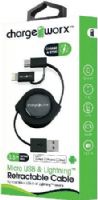 Chargeworx CX5510BK Lightning & Micro USB Retractable Sync & Charge Cable, Black; For iPhone 6S, 6/6Plus, 5/5S/5C, iPad, iPad Mini, iPod & most Micro USB devices; Tangle-Free innovative retractale design; Charge from any USB port; 3.5ft / 1m cord length; UPC 643620551004 (CX-5510BK CX 5510BK CX5510B CX5510) 