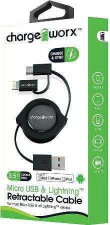 Chargeworx CX5510BK Lightning & Micro USB Retractable Sync & Charge Cable, Black; For iPhone 6S, 6/6Plus, 5/5S/5C, iPad, iPad Mini, iPod & most Micro USB devices; Tangle-Free innovative retractale design; Charge from any USB port; 3.5ft / 1m cord length; UPC 643620551004 (CX-5510BK CX 5510BK CX5510B CX5510)