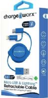 Chargeworx CX5510BL Lightning & Micro USB Retractable Sync & Charge Cable, Blue; For iPhone 6S, 6/6Plus, 5/5S/5C, iPad, iPad Mini, iPod & most Micro USB devices; Tangle-Free innovative retractale design; Charge from any USB port; 3.5ft / 1m cord length; UPC 643620551028 (CX-5510BL CX 5510BL CX5510B CX5510) 