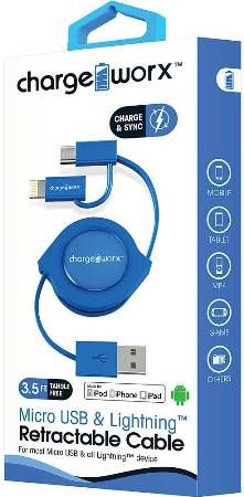 Chargeworx CX5510BL Lightning & Micro USB Retractable Sync & Charge Cable, Blue; For iPhone 6S, 6/6Plus, 5/5S/5C, iPad, iPad Mini, iPod & most Micro USB devices; Tangle-Free innovative retractale design; Charge from any USB port; 3.5ft / 1m cord length; UPC 643620551028 (CX-5510BL CX 5510BL CX5510B CX5510)