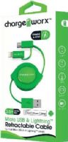 Chargeworx CX5510GN Lightning & Micro USB Retractable Sync & Charge Cable, Green; For iPhone 6S, 6/6Plus, 5/5S/5C, iPad, iPad Mini, iPod & most Micro USB devices; Tangle-Free innovative retractale design; Charge from any USB port; 3.5ft / 1m cord length; UPC 643620551035 (CX-5510GN CX 5510GN CX5510G CX5510) 