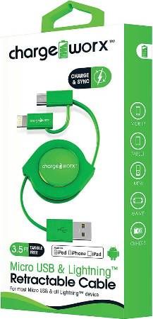 Chargeworx CX5510GN Lightning & Micro USB Retractable Sync & Charge Cable, Green; For iPhone 6S, 6/6Plus, 5/5S/5C, iPad, iPad Mini, iPod & most Micro USB devices; Tangle-Free innovative retractale design; Charge from any USB port; 3.5ft / 1m cord length; UPC 643620551035 (CX-5510GN CX 5510GN CX5510G CX5510)