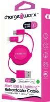 Chargeworx CX5510PK Lightning & Micro USB Retractable Sync & Charge Cable, Pink; For iPhone 6S, 6/6Plus, 5/5S/5C, iPad, iPad Mini, iPod & most Micro USB devices; Tangle-Free innovative retractale design; Charge from any USB port; 3.5ft / 1m cord length; UPC 643620551042 (CX-5510PK CX 5510PK CX5510P CX5510) 
