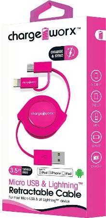 Chargeworx CX5510PK Lightning & Micro USB Retractable Sync & Charge Cable, Pink; For iPhone 6S, 6/6Plus, 5/5S/5C, iPad, iPad Mini, iPod & most Micro USB devices; Tangle-Free innovative retractale design; Charge from any USB port; 3.5ft / 1m cord length; UPC 643620551042 (CX-5510PK CX 5510PK CX5510P CX5510)