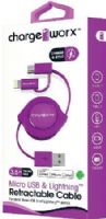 Chargeworx CX5510VT Lightning & Micro USB Retractable Sync & Charge Cable, Violet; For iPhone 6S, 6/6Plus, 5/5S/5C, iPad, iPad Mini, iPod & most Micro USB devices; Tangle-Free innovative retractale design; Charge from any USB port; 3.5ft / 1m cord length; UPC 643620551059 (CX-5510VT CX 5510VT CX5510V CX5510) 