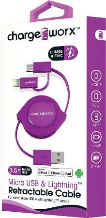 Chargeworx CX5510VT Lightning & Micro USB Retractable Sync & Charge Cable, Violet; For iPhone 6S, 6/6Plus, 5/5S/5C, iPad, iPad Mini, iPod & most Micro USB devices; Tangle-Free innovative retractale design; Charge from any USB port; 3.5ft / 1m cord length; UPC 643620551059 (CX-5510VT CX 5510VT CX5510V CX5510)