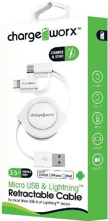 Chargeworx CX5510WH Lightning & Micro USB Retractable Sync & Charge Cable, White; For iPhone 6S, 6/6Plus, 5/5S/5C, iPad, iPad Mini, iPod & most Micro USB devices; Tangle-Free innovative retractale design; Charge from any USB port; 3.5ft / 1m cord length; UPC 643620551066 (CX-5510WH CX 5510WH CX5510W CX5510)