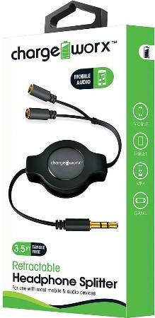 Chargeworx CX5514BK Retractable 2-Way Headphone Splitter, Black For use with most mobile & audio devices, Connect up-to 2 headphones on one device, 3.5mm audio jack, Secure fit connectors, Durable tangle free retractable design, Extends up to 3.5ft / 1m, UPC 643620551400 (CX-5514BK CX 5514BK CX5514B CX5514)