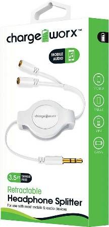 Chargeworx CX5514WH Retractable 2-Way Headphone Splitter, White For use with most mobile & audio devices, Connect up-to 2 headphones on one device, 3.5mm audio jack, Secure fit connectors, Durable tangle free retractable design, Extends up to 3.5ft / 1m, UPC 643620551462 (CX-5514WH CX 5514WH CX5514W CX5514)