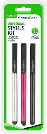 Chargeworx CX6006 Universal Stylus Kit (3-Pack) For use with smartphones and tablets; Stylish, durable, innovative design; Glides smoothly across touch screens; Allows to type accurately and comfortably; Works with all capacitive touch surfaces; UPC 643620600603 (CX-6006 CX 6006)