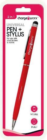 Chargeworx CX6007RD Universal Pen & Stylus, Red For use with smartphones and tablets, Works with all capacitive touch surfaces, Soft-touch sponge tip and ball point pen, Lightweight body, Glides smoothly across touchscreens, Allows to type accurately and comfortably, UPC 643620600733 (CX-6007RD CX 6007RD CX6007R CX6007)
