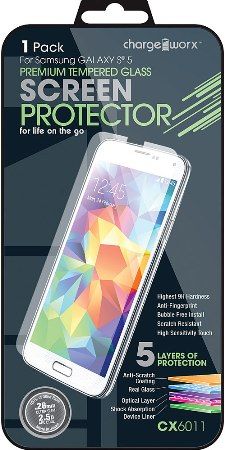 Chargeworx CX6011 Premium Tempered Glass Screen Protector, For use with Samsung GALAXY S 5, Highest 9H hardness, Anti-fingerprint, Bubble free install, HD clear glass, Scratch resistant, High Sensitivity Touch, 100% of glass base made in Japan, UPC 643620601105 (CX-6011 CX 6011)
