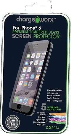 Chargeworx CX6014 Premium Tempered Glass Screen Protector For use with iPhone 6, Highest 9H hardness, Anti-fingerprint, HD clear glass, Scratch resistant, Light penetration ratio 95%, High Sensitivity Touch, 100% of glass base made in Japan, UPC 643620601402 (CX-6014 CX 6014)