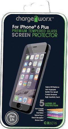 Chargeworx CX6016 Premium Tempered Glass Screen Protector For use with iPhone 6 Plus, Highest 9H hardness, Anti-fingerprint, HD clear glass, Scratch resistant, Light penetration ratio 95%++, High Sensitivity Touch, 100% of glass base made in Japan, UPC 643620601600 (CX-6016 CX 6016)