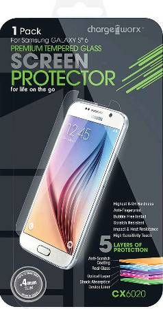 Chargeworx CX6020 Premium Tempered Glass Protector For use with Samsung GALAXY S6, Highest 8-9H hardness, Anti-fingerprint, Bubble free install, HD clear glass, Scratch resistant, Impact and heat resistance, Light penetration ratio 95%, High Sensitivity Touch, 100% of glass base made in Japan, UPC 643620602003 (CX-6020 CX 6020)