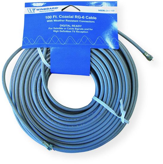 Winegard  CX6100 100' RG6 Cable with O Ring Connectors; Blue; 100' Low loss 18 gauge copper covered steel; Gas injected foam polyethylene dielectric; Bonded Duofoil and aluminum braid shield type; Maximum Signal Transfer; For Digital OTA TV, CATV, Satellite;  UPC 615798101848 (CX6100 CX-6100 CX6100CABLE CX6100-CABLE CX6100WINEGARD CX6100-WINEGARD)