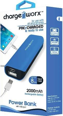 Chargeworx CX6505BL Power Bank with USB Port, Blue, Compact design, For use with all smartphones, 2000 mAh Rechargeable Battery, Power indicator light, Flash light, Includes charging cable, UPC 643620002933 (CX-6505BL CX 6505BL CX6505B CX6505)