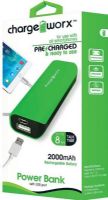 Chargeworx CX6505GN Power Bank with USB Port, Green, Compact design, For use with all smartphones, 2000 mAh Rechargeable Battery, Power indicator light, Flash light, Includes charging cable, UPC 643620002957 (CX-6505GN CX 6505GN CX6505G CX6505) 